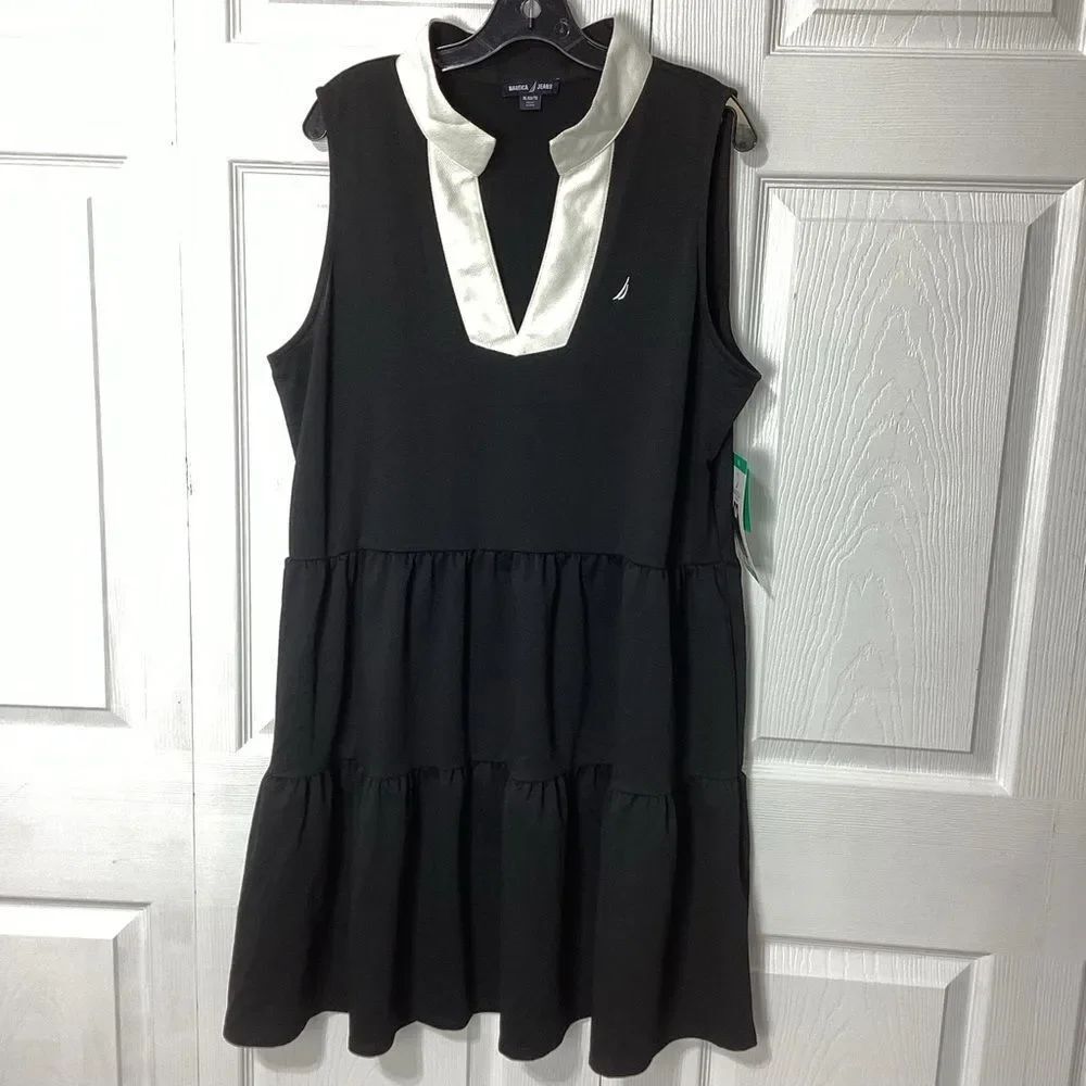 Nautica Black Tiered Sleeveless Dress with White Polo Collar NWT Size XL